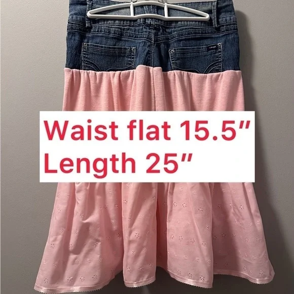 Pink skirt up cycle hand made denim rib knit eyelet size 9 - Picture 2 of 7
